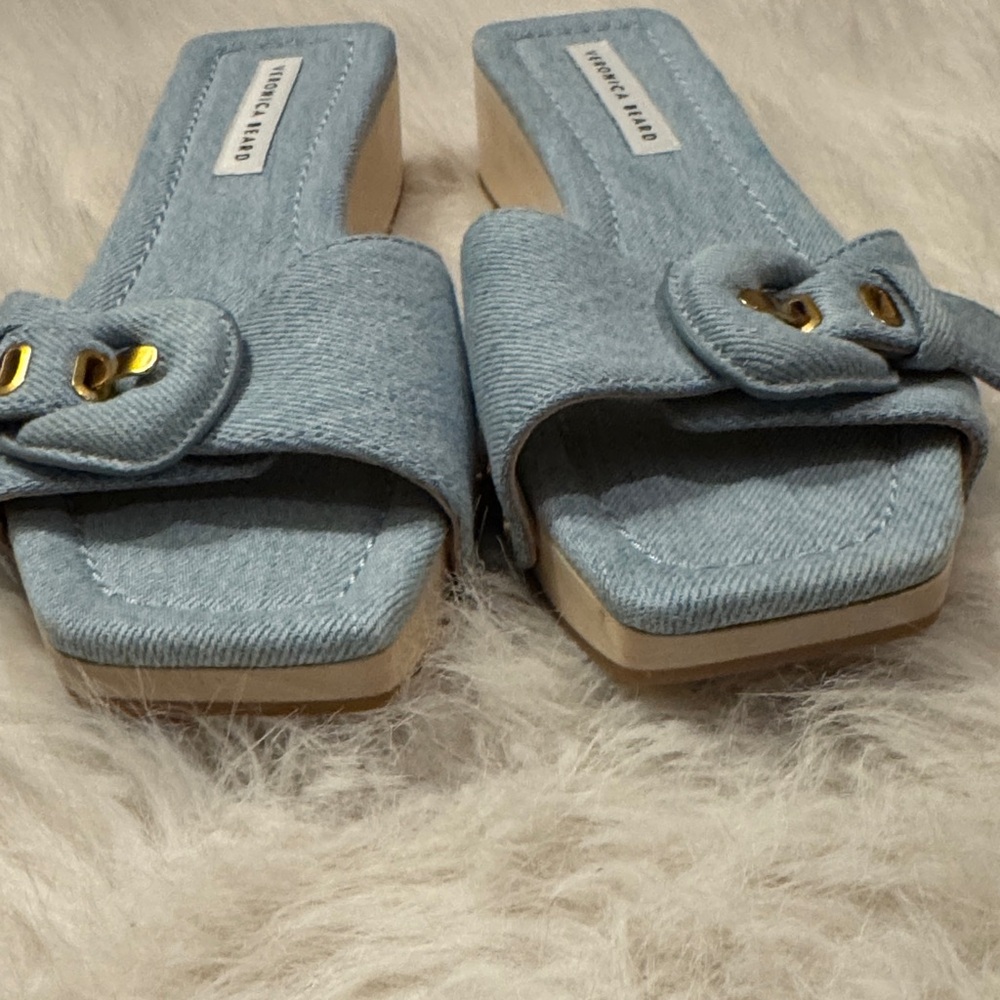 Veronica Beard Denim Mules with Wooden Heel Clog Slide Sandals Size 7 NWOT. - Picture 5 of 10